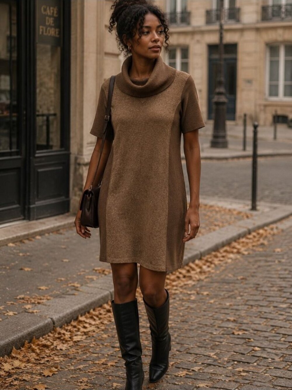 Olsen Wool Blend Sweater Dress Brown Size 6 Turtleneck Knit Career Casual Fall